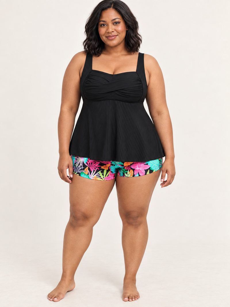 Womens Printed Womens Two-Piece Boxer Briefs Plus-Size Swimsuit