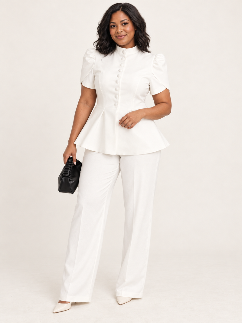 Niche Puff-sleeve Row-button Waist-cinching Blazer Top