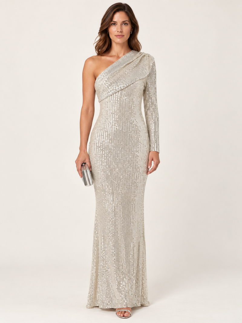 Silver One-Shoulder Sequin Formal Dress