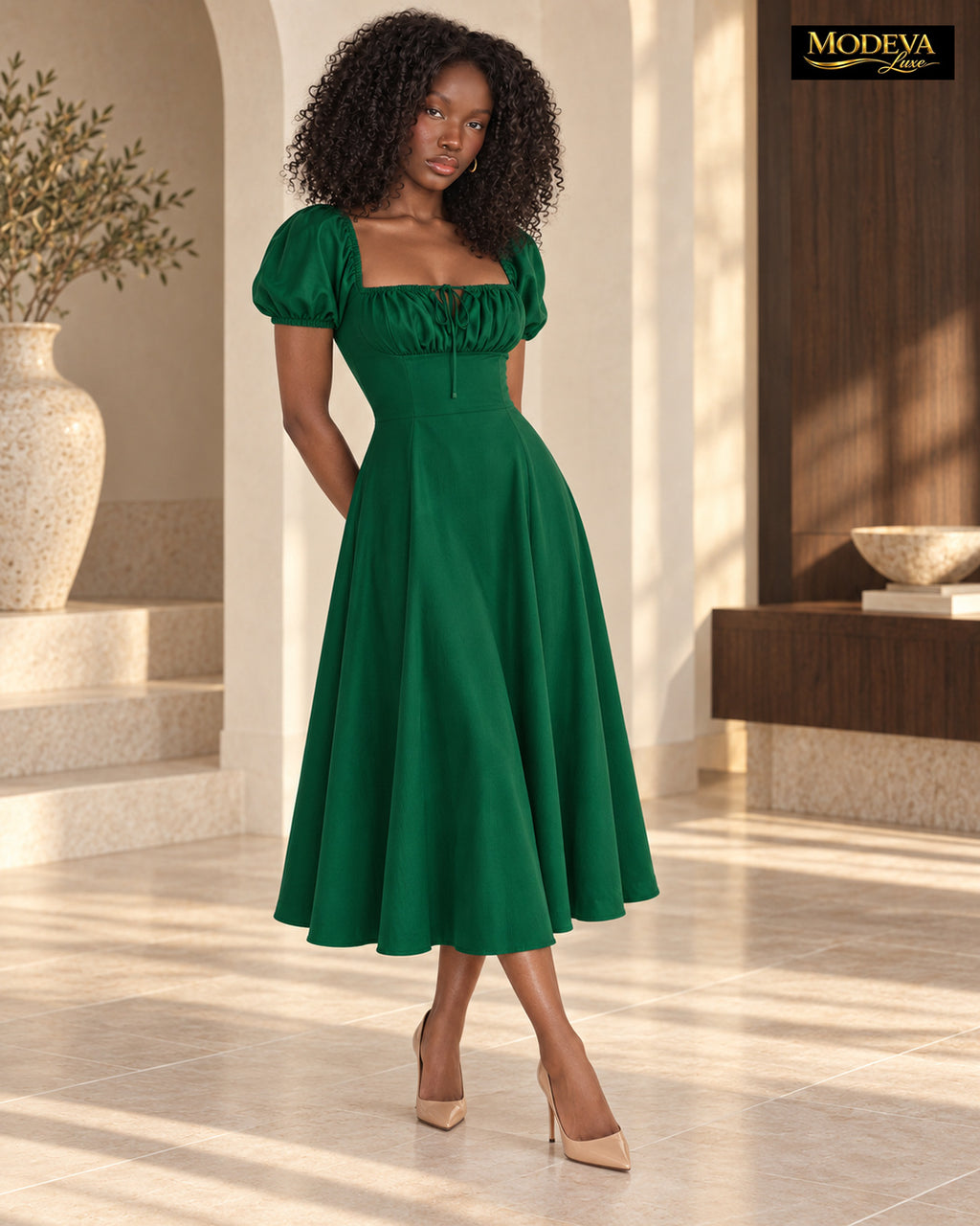 Nia wearing the emerald green midi dress with a gathered square neckline and puff sleeves.